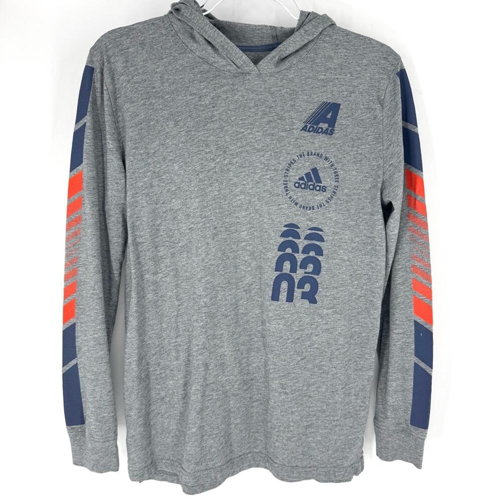 Adidas Gray Long Sleeve T-Shirt Hoodie with Blue and Red Accents Size Boys Large
